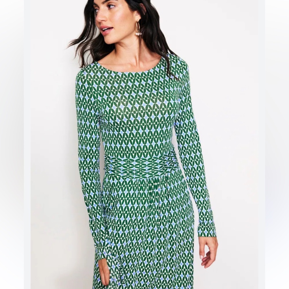 Boden Amélie geometric pine green blue white print scoop neck midi dress Sz 12